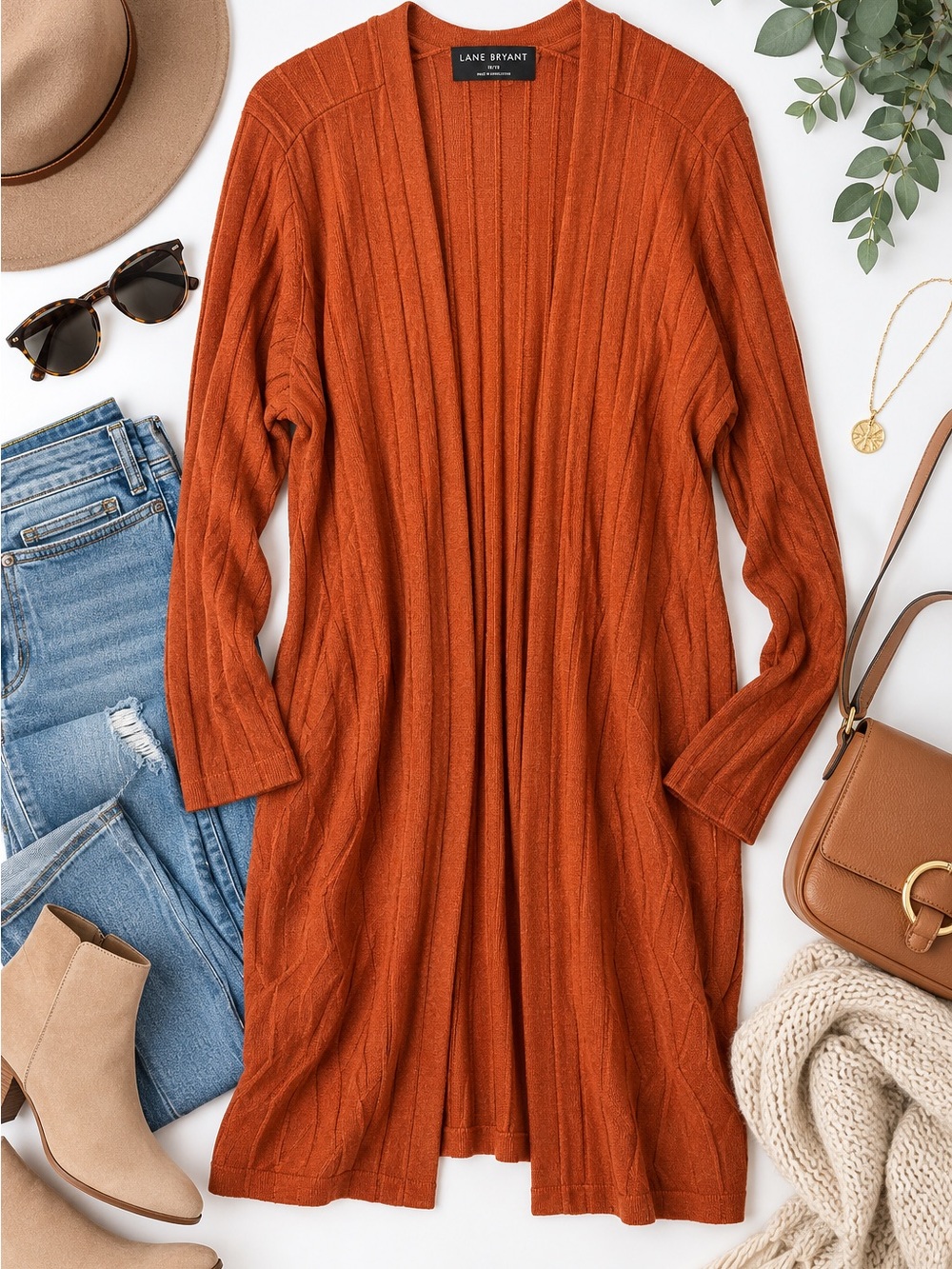 Lane Bryant Rust Orange Ribbed Longline Open-Front Cardigan Size 18/20